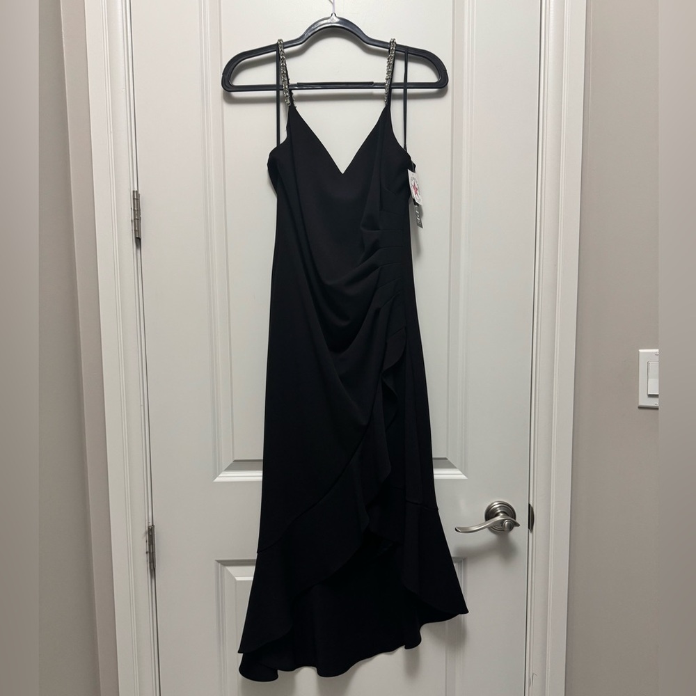 XSCAPE Womens Black Rhinestone Strap Scuba Asymmetrical Evening Dress Petite